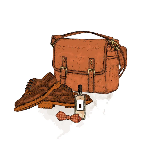 Elegante bolso, zapatos, corbata y una botella de perfume. Moda y estilo. Ilustración vectorial . — Vector de stock