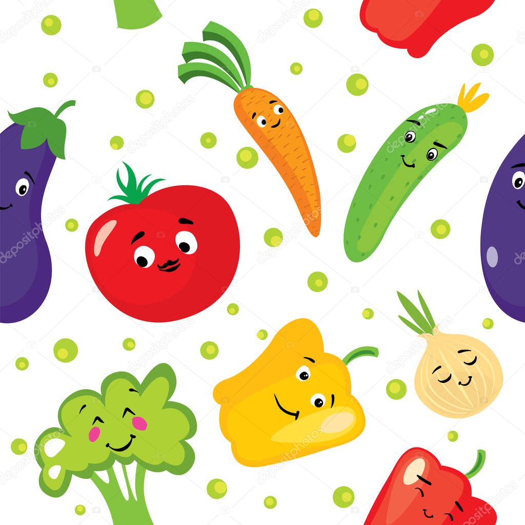 Set of cute vegetables in the form of characters. Eggplant, tomato, cucumber, onion, paprika, pepper, broccoli and carrots. Background.