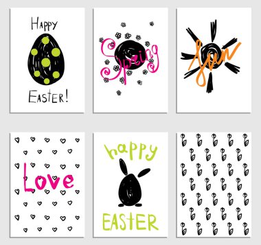 Bir dizi hazır bahar ve Paskalya kartları ile yumurta, kalp, güneş, çiçekler. Bir kartı veya poster için vektör çizim.