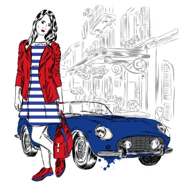 Modaya uygun kız bir şehir sokak ve araba arka plan üzerinde giyinmiş. Vektör çizim için tebrik kartı, poster ya da baskı dökmeyin. Moda ve stil. Güzel kız.