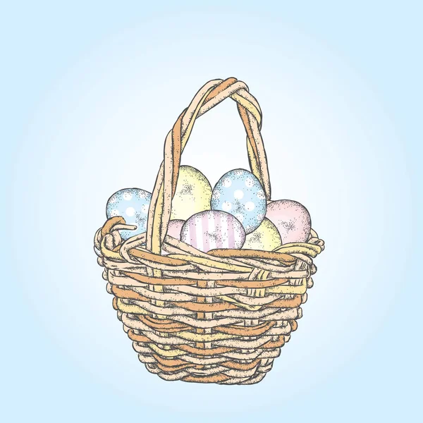 Hermosa cesta Vintage con huevos de Pascua. Ilustración vectorial para una tarjeta o póster. Vacaciones de primavera . — Archivo Imágenes Vectoriales