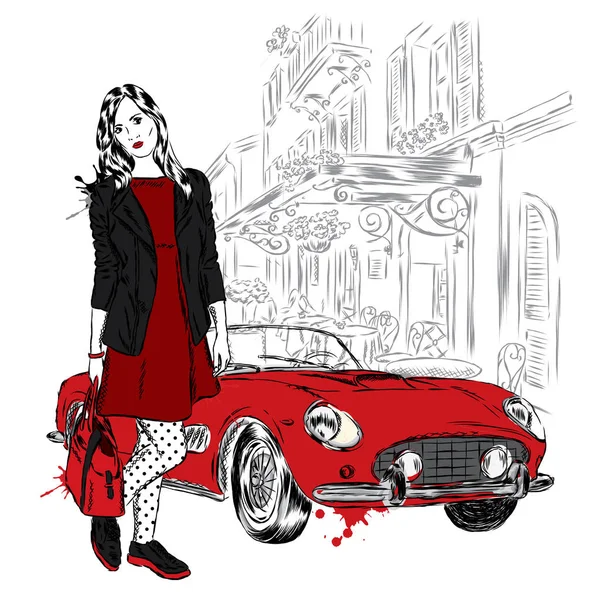 Модно одетая девушка на фоне городской улицы и машины. Векторная иллюстрация для поздравительной открытки, плаката или печати на одежде. Мода и стиль. Красивая девушка . — стоковый вектор