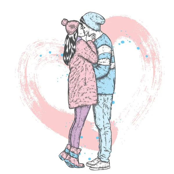 Um casal apaixonado. Beijando homem e mulher em roupas de inverno. Ilustração vetorial para um cartão ou cartaz . —  Vetores de Stock