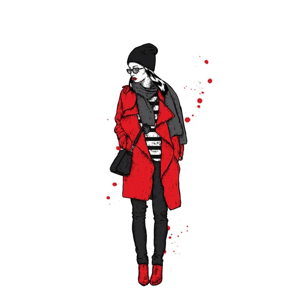 Menina bonita em um casaco com um boné e um lenço. Mulher elegantemente vestida. Ilustração de moda vetorial . —  Vetores de Stock