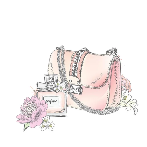 Hermosa bolsa con un ramo de rosas y peonías vertido, y una botella de perfume. Ilustración vectorial. Moda & Estilo . — Vector de stock