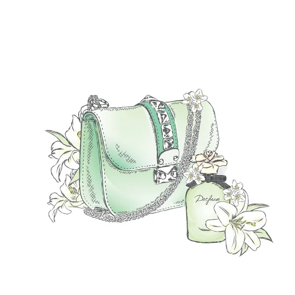 Bella borsa con un mazzo di rose e peonie versate, e una bottiglia di profumo. Illustrazione vettoriale. Moda & stile . — Vettoriale Stock