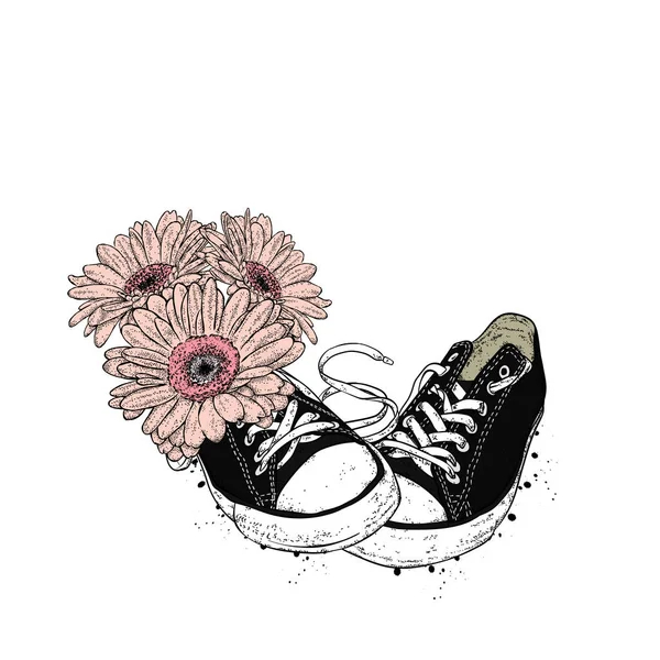 Strauß Gerberas und Turnschuhe. Vektorillustration für eine Karte oder ein Poster. — Stockvektor