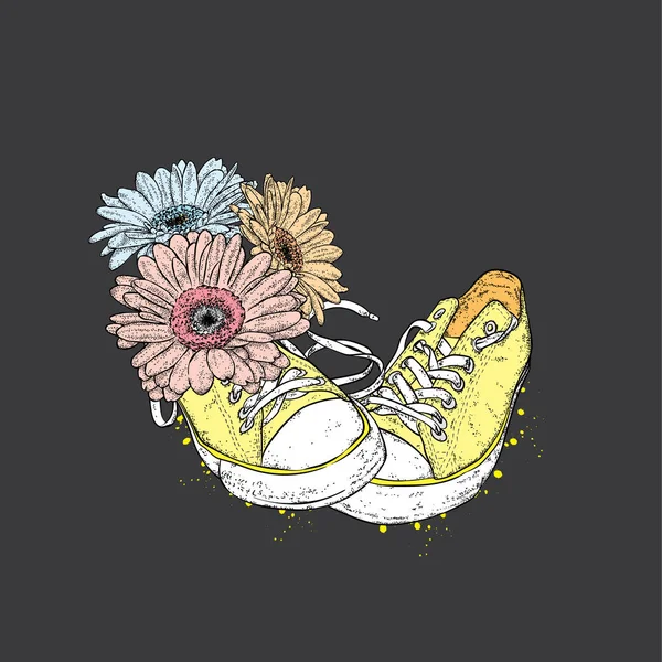 Bukett Gerbera och sneakers. Vektorillustration för ett kort eller affisch. — Stock vektor