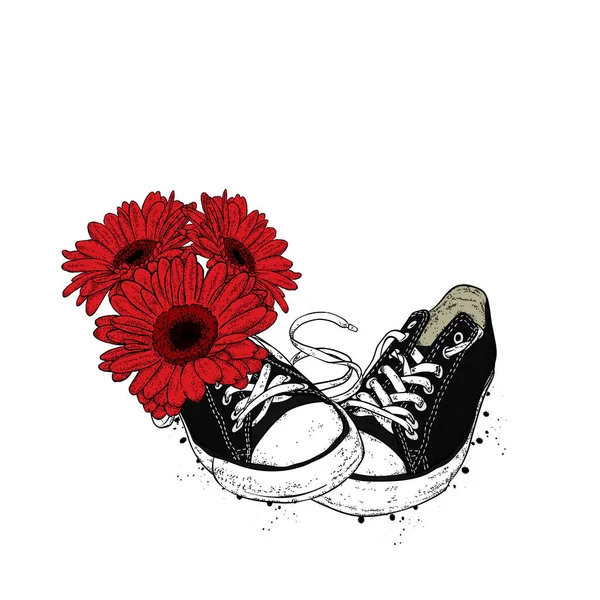 Boeket van gerbera's en sneakers. Vectorillustratie voor een kaart of een poster. — Stockvector