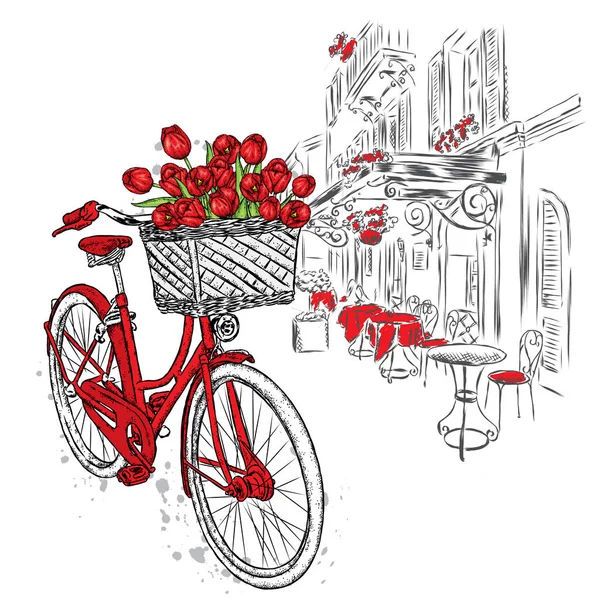 Ciudad calle y bicicleta vintage con cesta de tulipanes. Ilustración vectorial de una tarjeta o póster . — Vector de stock