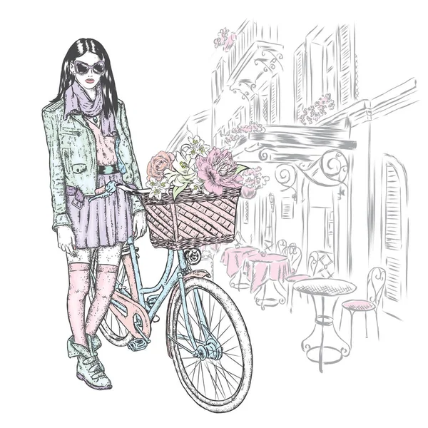 Mooi meisje in een rok, jasje en glazen met een vintage fiets op een stad straat. Vectorillustratie. Fashion & stijl. — Stockvector