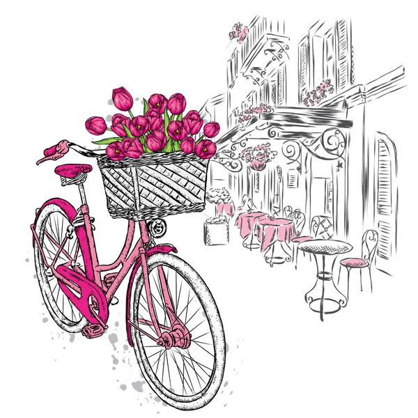 Stadtstraße und Oldtimer-Fahrrad mit Tulpenkorb. Vektorillustration für eine Karte oder ein Poster. — Stockvektor