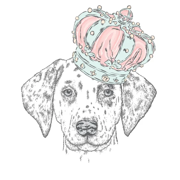 Wunderschöner Welpe in der luxuriösen Krone. Vektorillustration für eine Karte oder ein Poster. Netter Hund. Dalmatiner - König. — Stockvektor