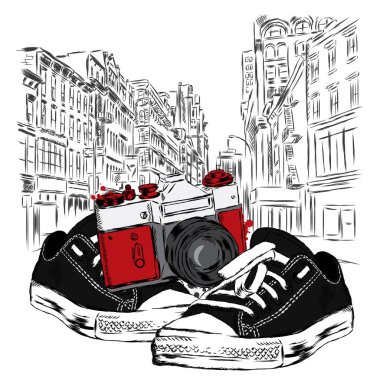 Vintage fotoğraf makinesi ve spor ayakkabısı, bir şehir cadde üzerinde. Vektör çizim. Mimari.
