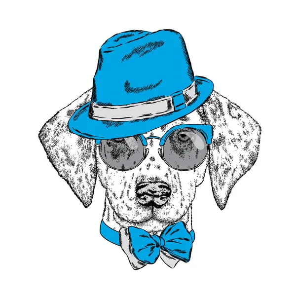 Χαριτωμένο κουτάβι φορώντας ένα καπέλο, γυαλιά και μια ισοπαλία. Εικονογράφηση διάνυσμα. Όμορφο σκυλί. Σκυλιά της Δαλματίας. — Διανυσματικό Αρχείο