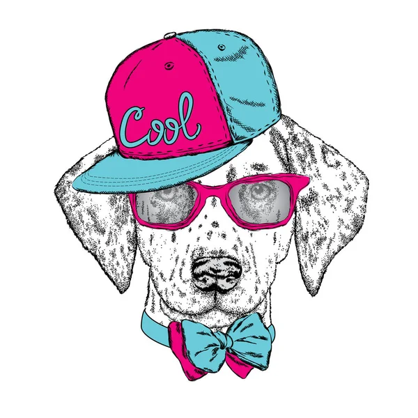 Όμορφο σκυλί με γυαλιά, καπάκι και γραβάτα. Εικονογράφηση διάνυσμα. Χαριτωμένα σκυλιά της Δαλματίας. Το κουτάβι. — Διανυσματικό Αρχείο