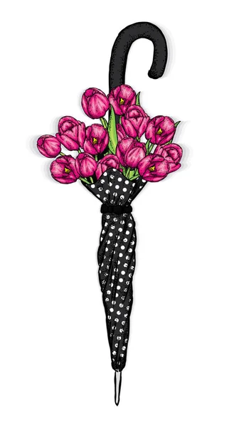 Vintage paraplu en een mooi boeket van tulpen. Vectorillustratie. Lentebloemen. — Stockvector