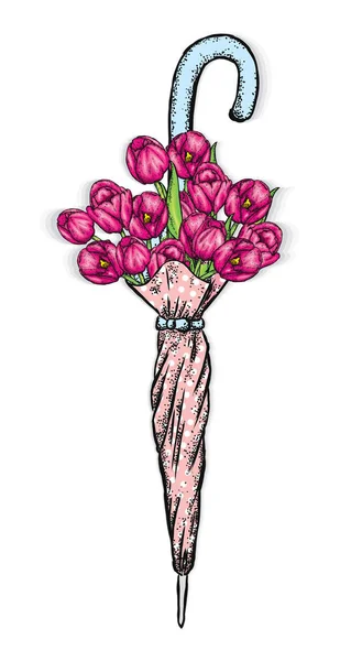 Vintage paraplu en een mooi boeket van tulpen. Vectorillustratie. Lentebloemen. — Stockvector