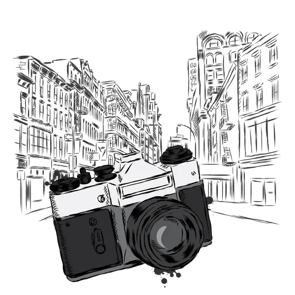 Oldtimer-Kamera auf einer Straße in der Stadt. Vektorillustration. Architektur. — Stockvektor
