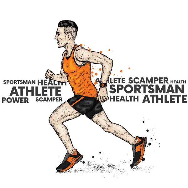 Hombre corriendo en camiseta y pantalones cortos. Atlético. Ilustración vectorial. Deporte y salud . — Archivo Imágenes Vectoriales
