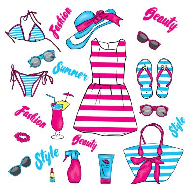 Bir dizi yaz giysileri ve aksesuarları. Plaj çanta, şapka, flip flop, elbise, Mayo, kokteyl, gözlük ve bronzlaşma ajanlar. Denizde tatil. Kadınsal.