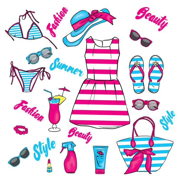 A set of summer clothes and accessories. Beach bag, hat, flip flops, dress, swimsuit, cocktail, glasses and tanning agents. Vacation at sea. Women's things. — Stock Vector