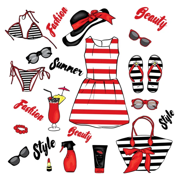 夏用の服とアクセサリーのセット。バッグ、帽子、サンダル、ドレス、水着、カクテル、メガネ ・日焼け剤をビーチします。海での休暇。女性のこと. — ストックベクタ