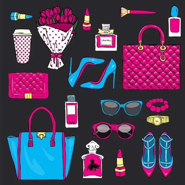 Conjunto de elegantes accesorios para mujer. Ilustración vectorial para una tarjeta o póster. Impresión en la ropa. Moda & Estilo . — Vector de stock