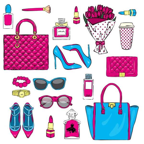 Set of stylish women's accessories. Vector illustration for a card or poster. Print on clothes. Fashion & Style. — Stock Vector