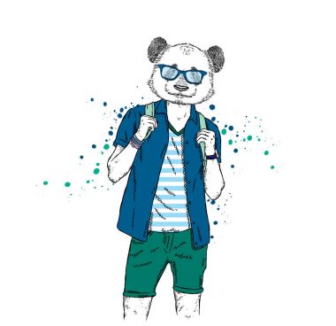 Bir panda kafa yakışıklı bir adamla bir T-shirt, gömlek ve şort giymiş. Yazlık giysiler. Vektör çizim. Hipster.