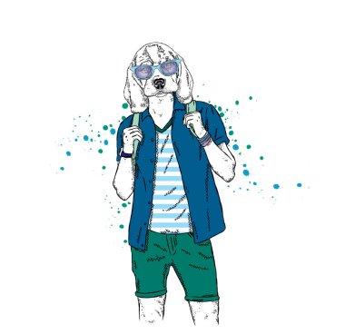Dog Head'a yakışıklı bir adamla bir T-shirt, gömlek ve şort giymiş. Yazlık giysiler. Vektör çizim. Hippi. Beagle.
