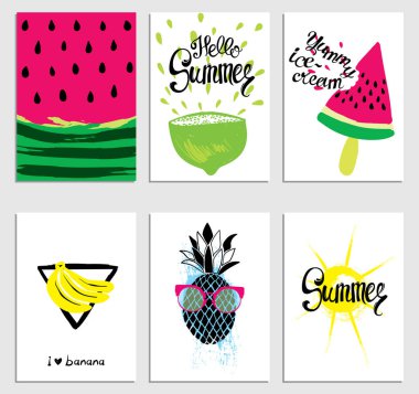 Şık yaz kart dizisini. Karpuz, dondurma, güneş, muz, kireç ve ananas. Vektör çizim.