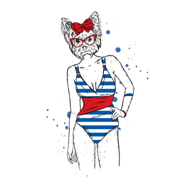 Ein schlankes Mädchen mit einem Hundekopf, bekleidet mit einem Badeanzug. yorkshire terrier. Vektorillustration für eine Postkarte oder ein Poster. Druck auf Kleidung. — Stockvektor