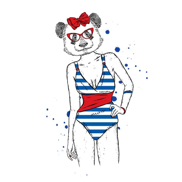 Szczupła dziewczyna z głowicą panda, ubrany w strój kąpielowy. Ilustracja wektorowa pocztówka lub plakat. Drukowanie na ubrania. — Wektor stockowy