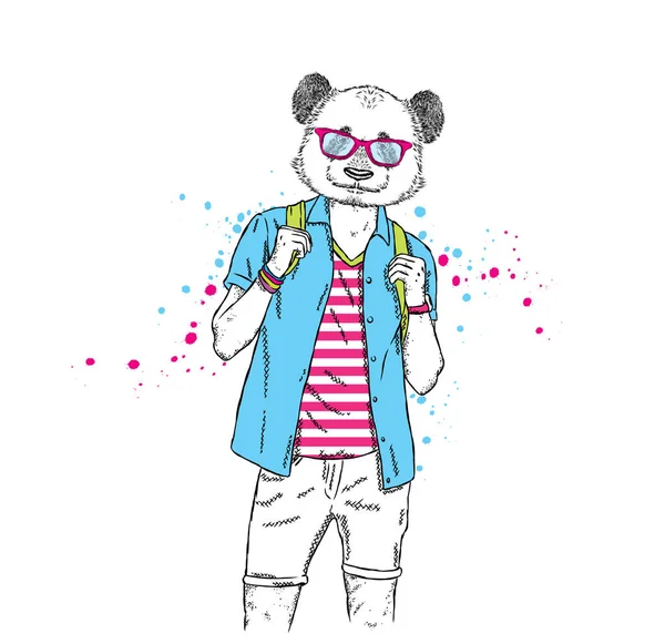 Fešák s hlavou panda na sobě tričko, košili a krátké kalhoty. Letní oblečení. Vektorové ilustrace. Bokovky. — Stockový vektor