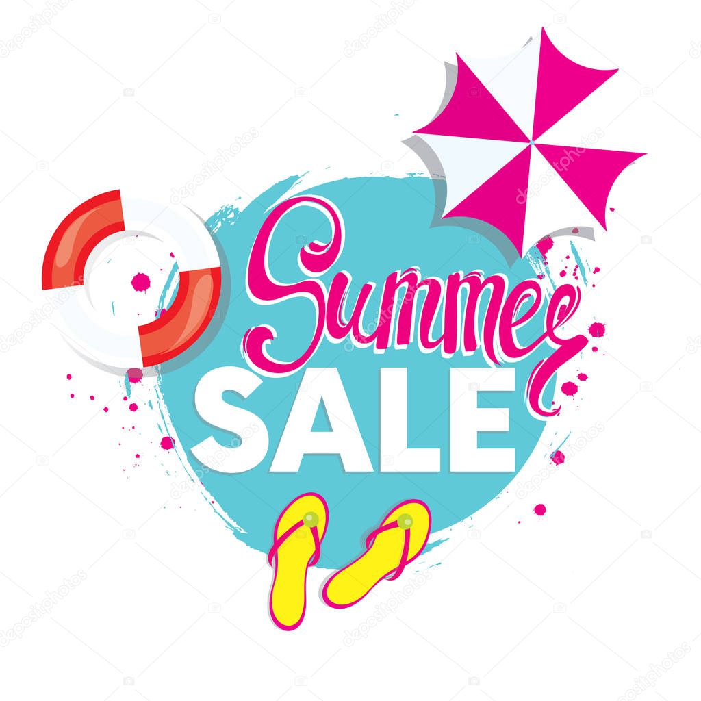 Summer discounts. Vector illustration with inscription, slapping, swimming circle and beach umbrella. Vacation and travel.