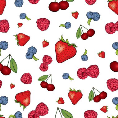 Çilek güzel arka plan. Ahududu, çilek, yaban mersini ve kiraz. Vektör çizim. Yaz meyve.