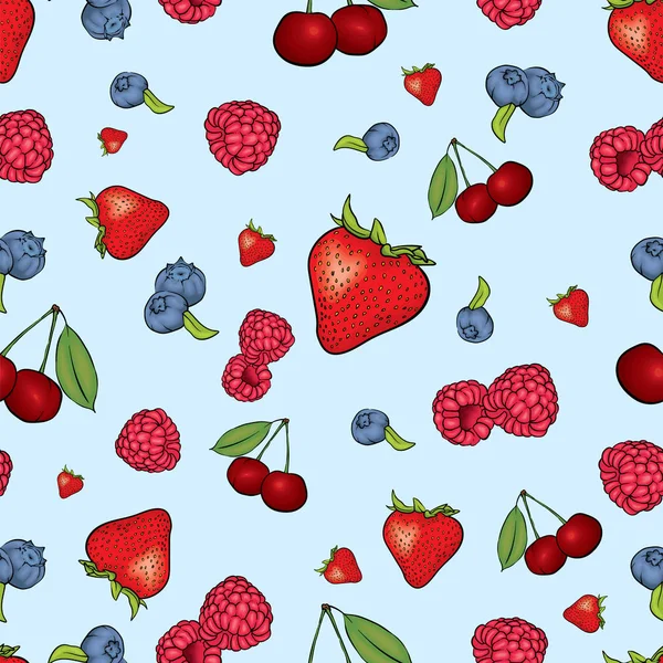 Mooie achtergrond van bessen. Frambozen, aardbeien, bosbessen en kersen. Vectorillustratie. Zomer fruit. — Stockvector