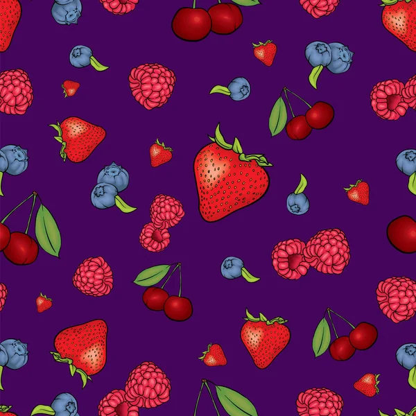 Mooie achtergrond van bessen. Frambozen, aardbeien, bosbessen en kersen. Vectorillustratie. Zomer fruit. — Stockvector