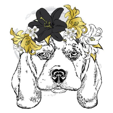 Gül çelenk şirin köpek. Vektör çizim.