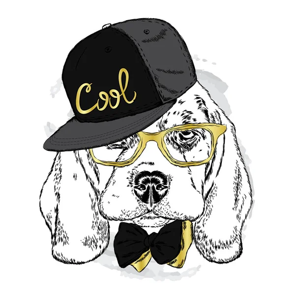 Roztomilé štěně, na sobě čepici, sluneční brýle a kravatu. Vektorové ilustrace. — Stockový vektor