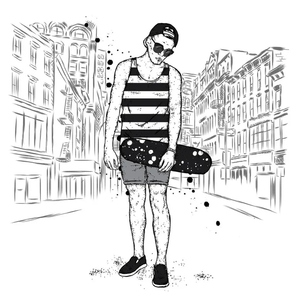 En stilig kille med glasögon, badmössa, shorts och en T-shirt. Åkaren. En pojke med en skateboard. Tonåringen. Hipster på stadens gata. — Stock vektor