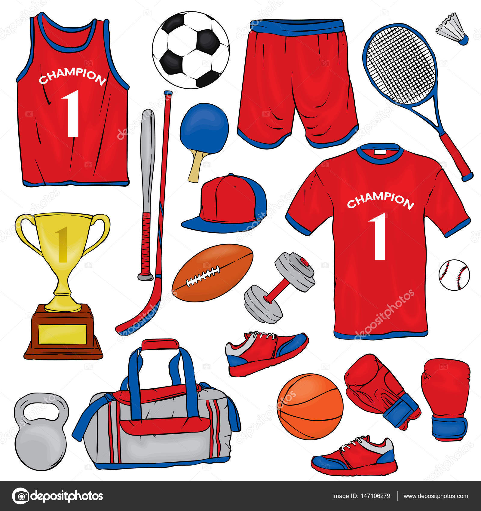 A set of sports clothes and items for different sports. T-shirt