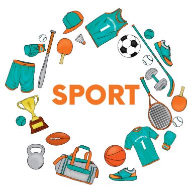 Spor giyim ve spor öğeleri kümesi. Tişört, şort, spor ayakkabı, çanta, futbol ve basketbol, başarısız, tenis raketleri, kap, boks eldivenleri ve kadehi.