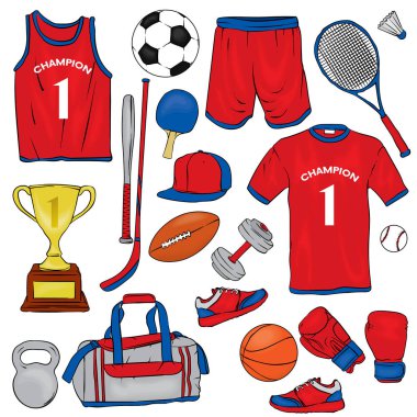 Spor giyim ve spor öğeleri kümesi. Tişört, şort, spor ayakkabı, çanta, futbol ve basketbol, başarısız, tenis raketleri, kap, boks eldivenleri ve kadehi.