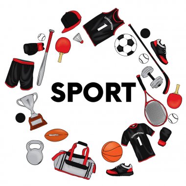 Spor giyim ve spor öğeleri kümesi. Tişört, şort, spor ayakkabı, çanta, futbol ve basketbol, başarısız, tenis raketleri, kap, boks eldivenleri ve kadehi.