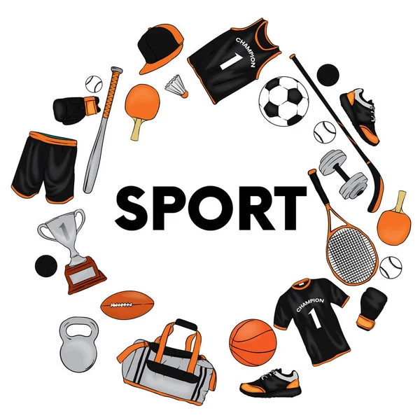 A set of sports clothes and items for different sports. T-shirt, shorts, sneakers, bag, football and basketballs, volan, tennis rackets, cap, boxing gloves and goblet. — Stock Vector