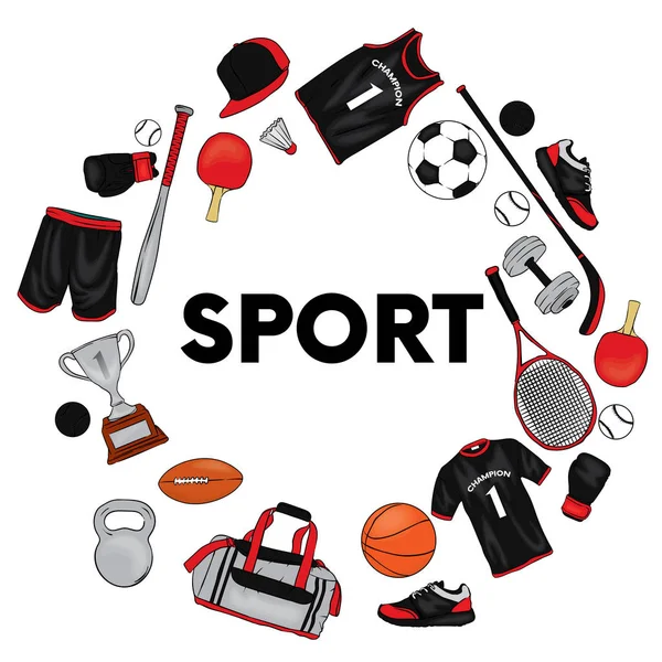 Комплект спортивной одежды и предметов для различных видов спорта. Футболки, шорты, кроссовки, сумки, футбольные и баскетбольные мячи, волан, теннисные ракетки, кепка, боксерские перчатки и кубок . — стоковый вектор