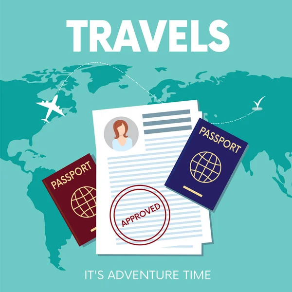 Passeport et carte du monde dessinés dans un style plat. Illustration vectorielle. Voyages . — Image vectorielle