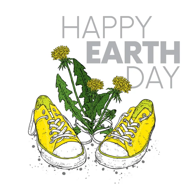 Beautiful sneakers and dandelions. Vector illustration. Fashion & Style. Ready-made card design "Happy Earth Day".